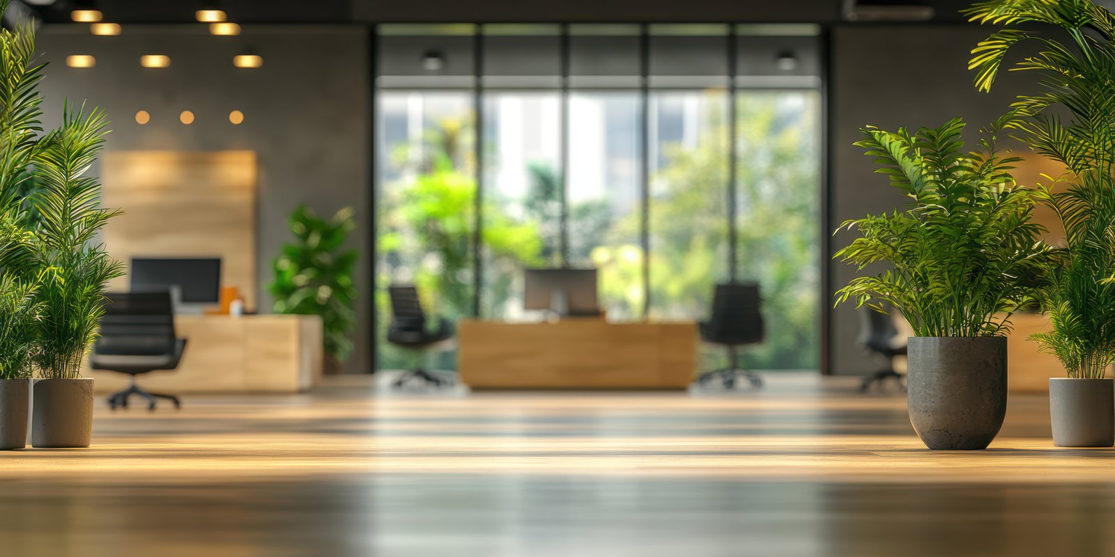 Modern office interior with large windows and green plants creating a vibrant workspace environment